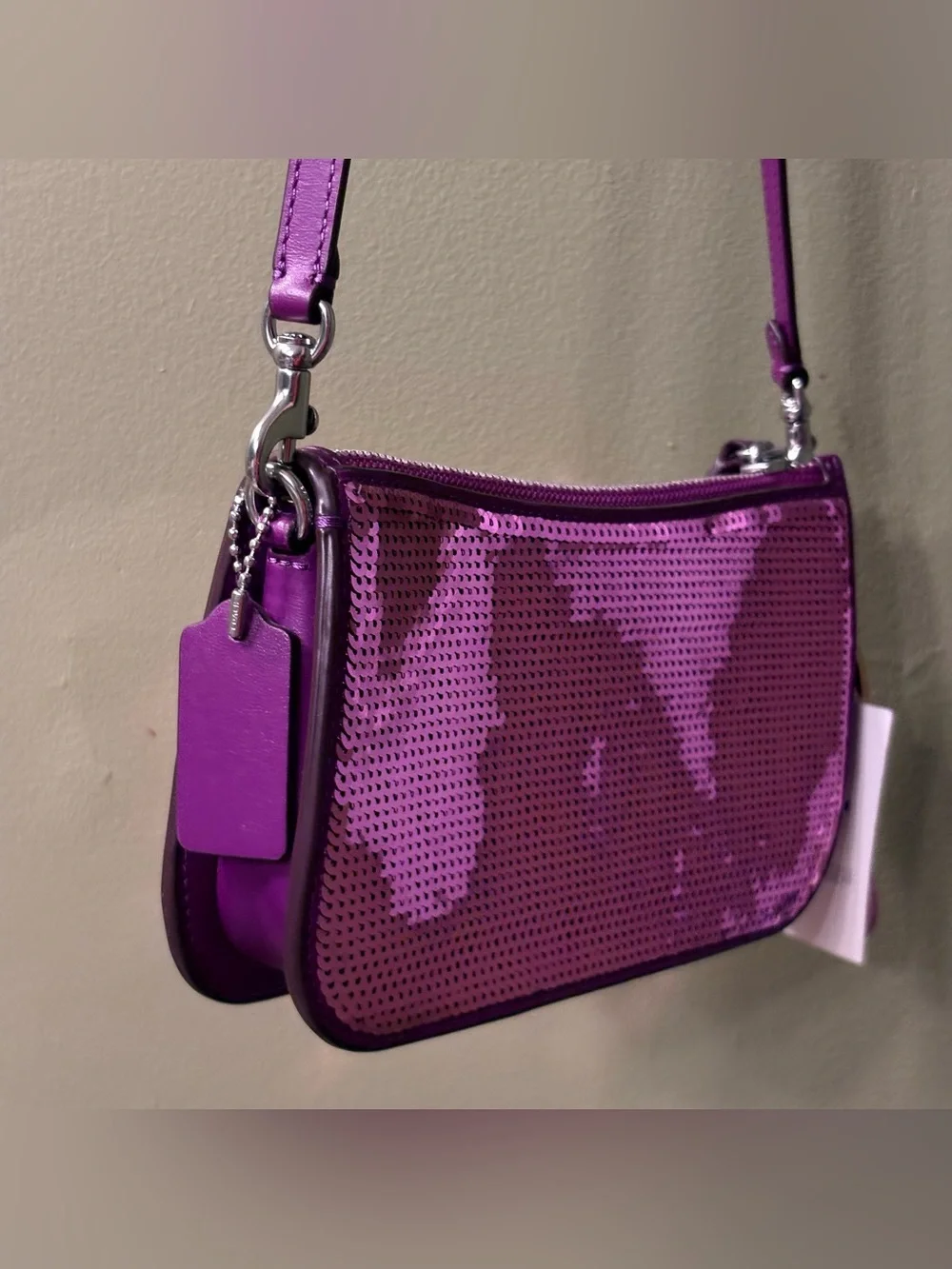 Coach Purple Sequin Shoulder Bag with Heart cell phone Charm Key Fob